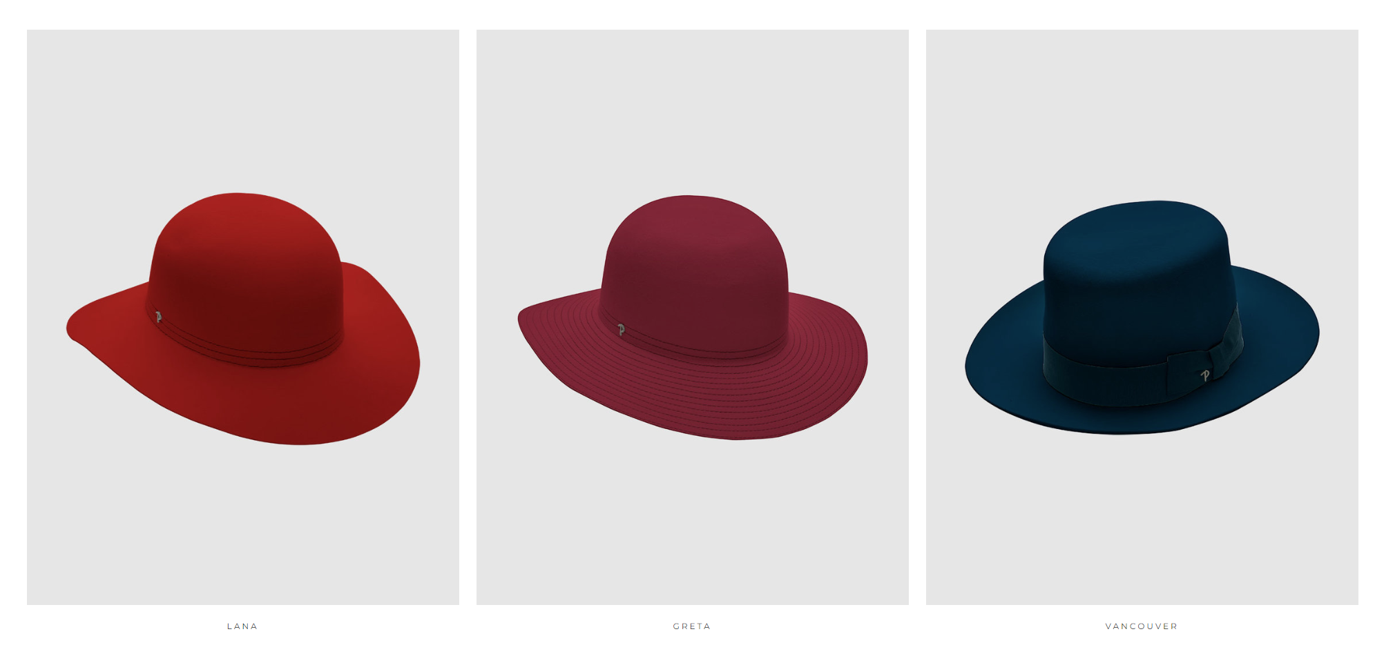 vista del catalogo web presa dal sito Panizza presenta 3 cappelli di modelli e colori diversi con il rispettivo nome ai piedi