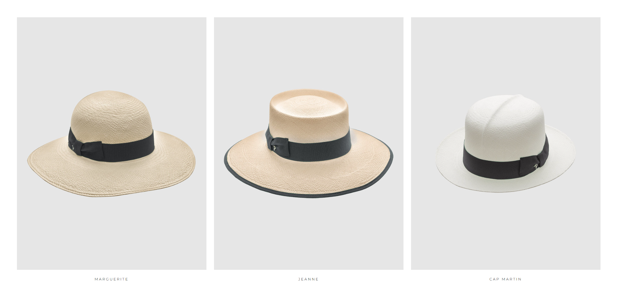 vista del catalogo web presa dal sito Panizza presenta 3 cappelli di modelli e colori diversi con il rispettivo nome ai piedi